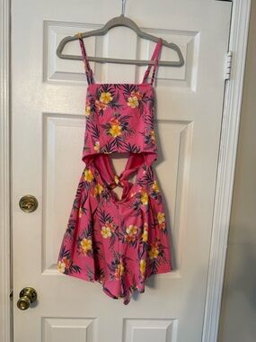 Women's Pink Floral Cutout Romper with Twist Detail